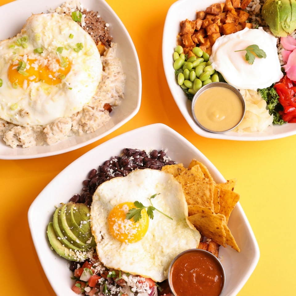 Three colorful breakfast bowls topped with fried eggs, avocado, beans, vegetables, sauces, and tortilla chips on an orange background.