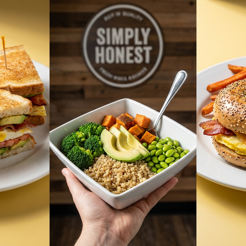Collage showing a toasted breakfast sandwich with potatoes, a vegetable quinoa bowl, and a bagel breakfast sandwich with sweet potato fries.