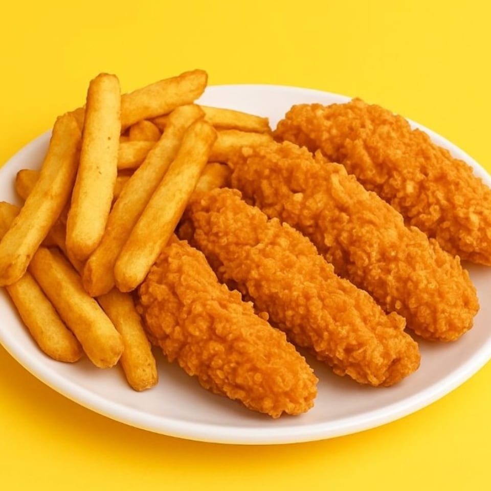 Plate of crispy chicken tenders and golden French fries on a white dish against a bright yellow background.