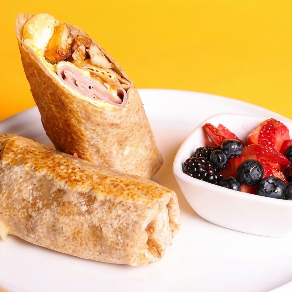 Two toasted breakfast wraps served with a bowl of strawberries, blueberries, and blackberries on a white plate.