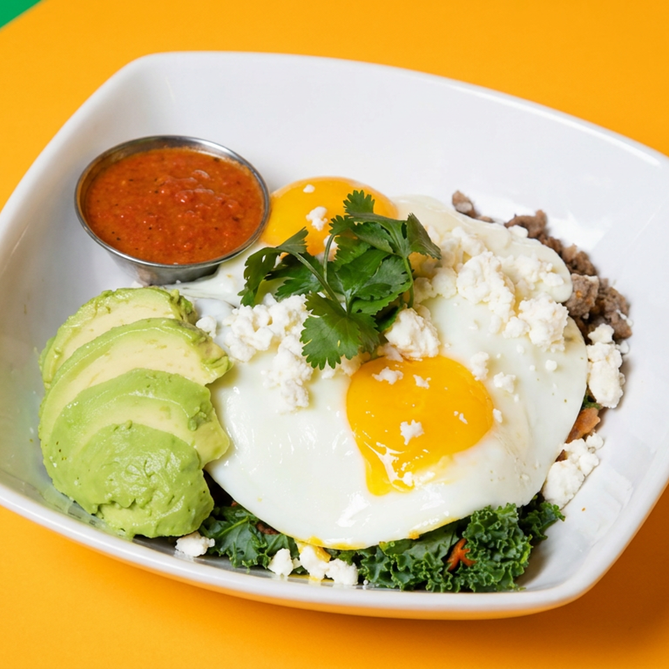Breakfast bowl topped with a fried egg, avocado slices, feta cheese, cilantro, salsa, and greens on a white plate.