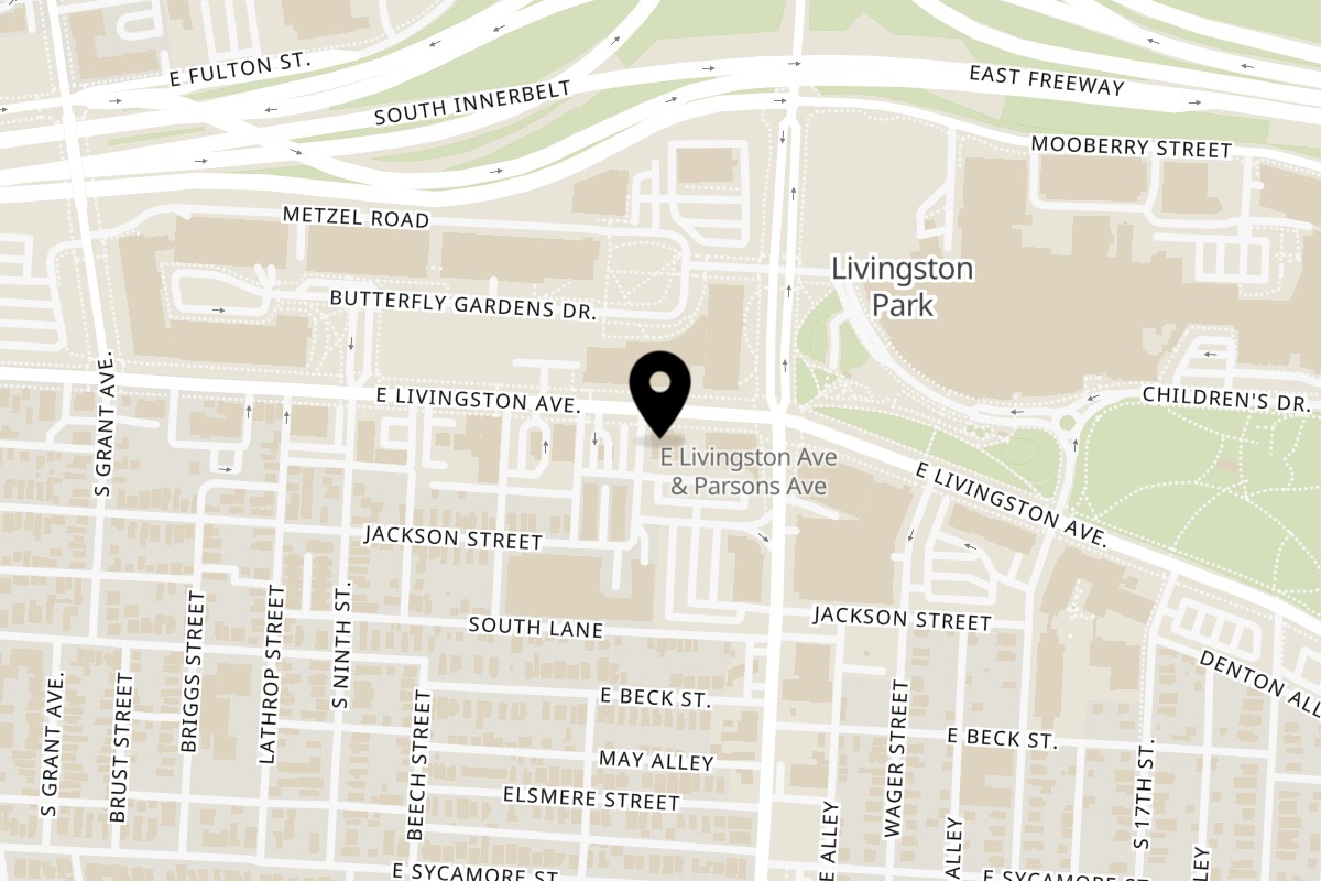Map showing the location of Simply Honest Cafe on 567 E Livingston Ave in Columbus